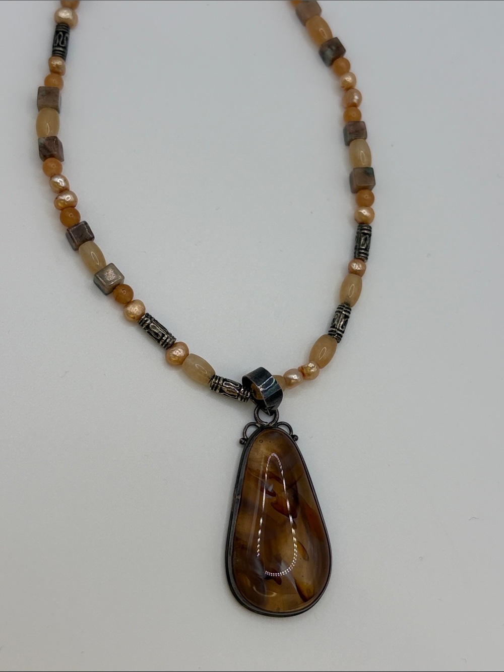 Sterling Silver 925, Stone, and pearl Handcrafted Brown Pendant Beaded Necklace